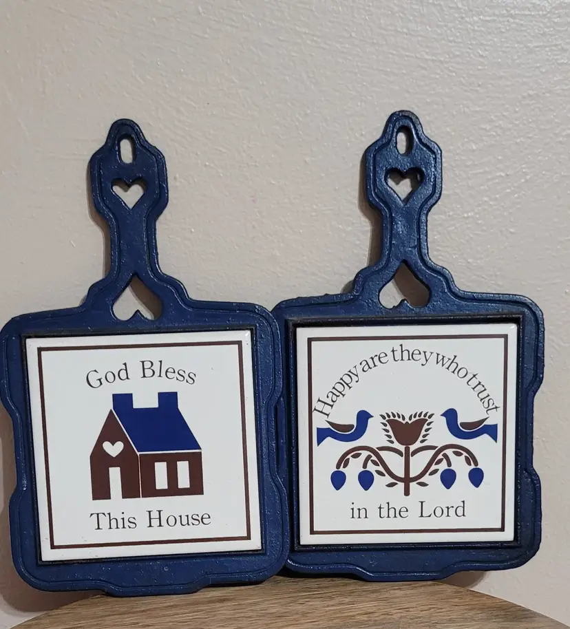 Pair of Vintage Blue Cast Iron Trivets Ceramic Tile 9"