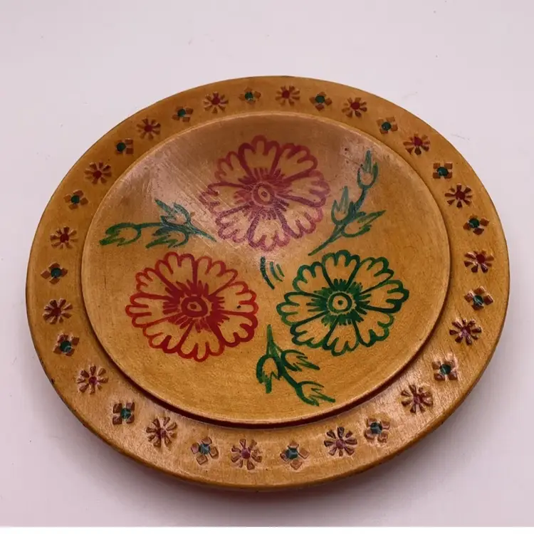 FFF VTG Wood Trinket Dish Flowers 4” USSR