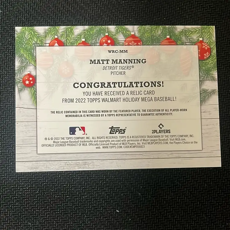 2022 Topps Holiday Relic Matt Manning RC #WRC-MM Player Worn Not Game Used.