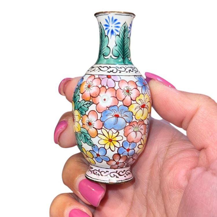 Beautiful Enamel on Brass Mini Vase