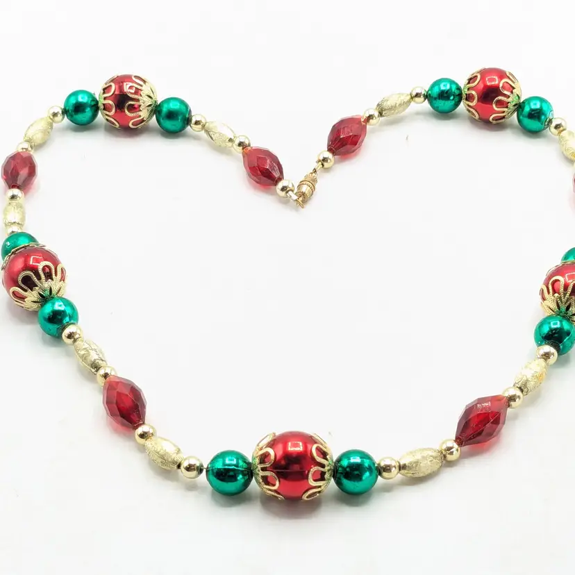 Gold Tone Christmas Bead Necklace Holiday Jewelry
