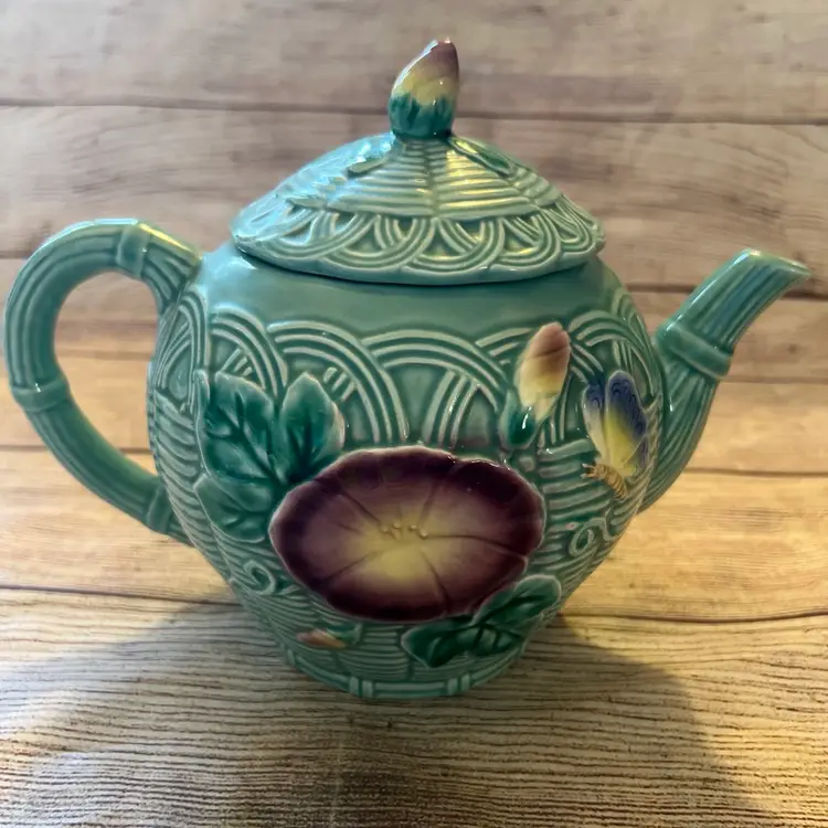 Vtg 1989 Haldon Group Butterfly Flower Teapot Morning Glory Turquoise Majolica
