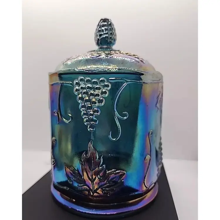 Vintage Indiana Carnival Glass Blue Iridescent Rare Grape Harvest Canister Cookie Jar 6”