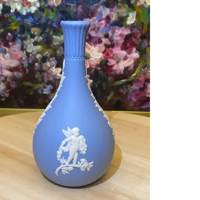 Vintage Wedgwood English Jasperware Bud Vase | Pale Powder Blue & Antique White Neoclassical | Cherub Angel