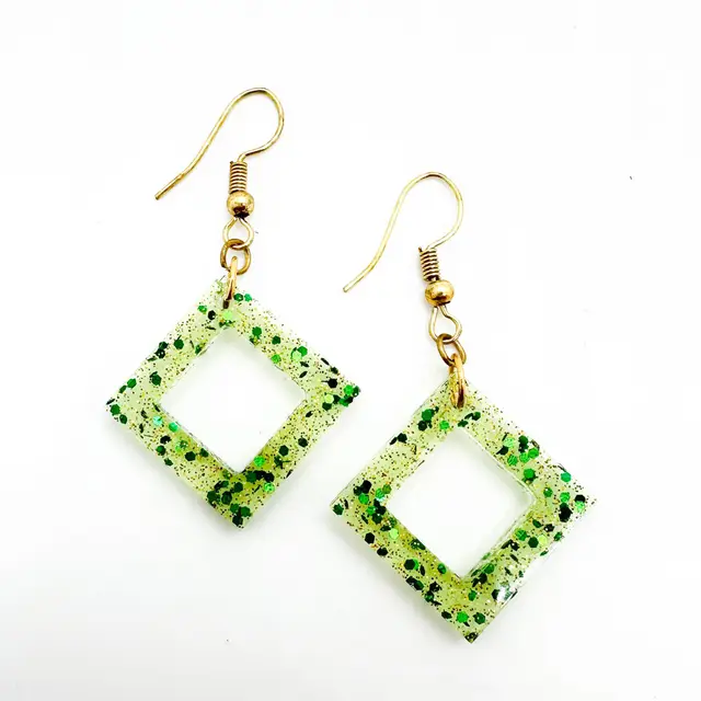 Green Glittery Open Square Dangle Resin Earrings