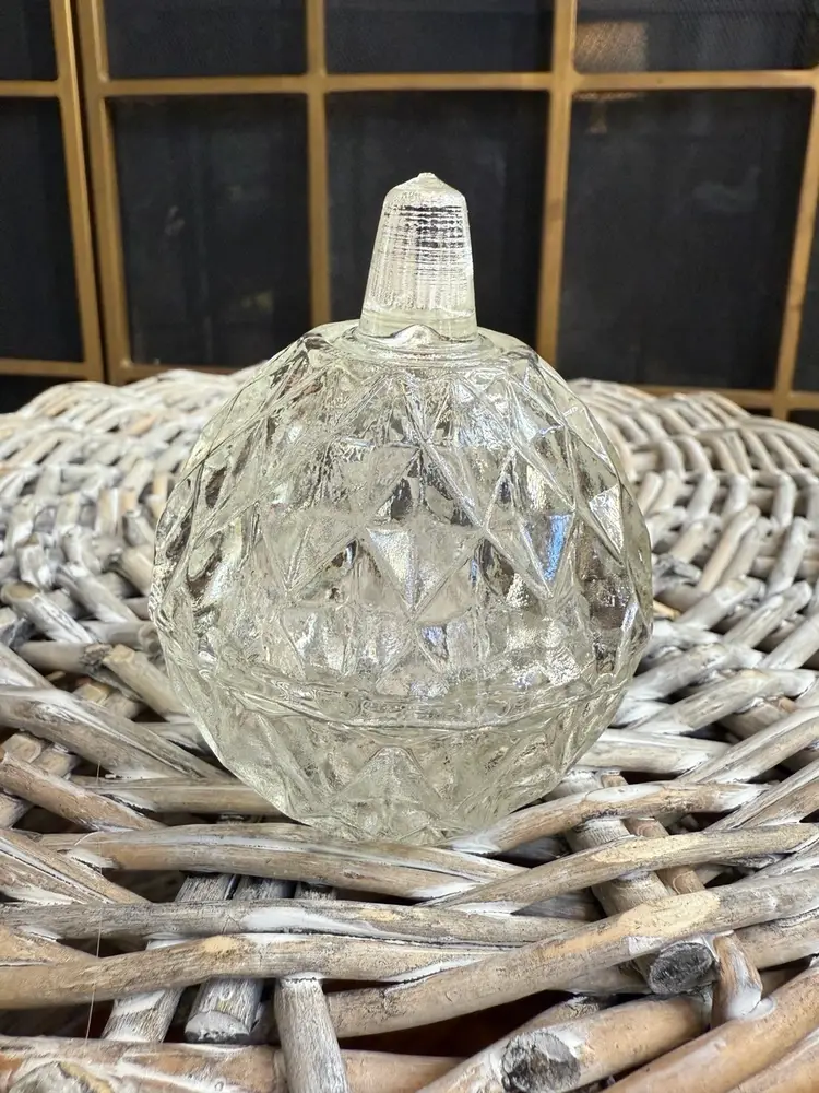 Vintage Pressed Glass Powder Jar with Lid – Diamond Pattern Trinket Dish, Mid-Century Vanity Décor