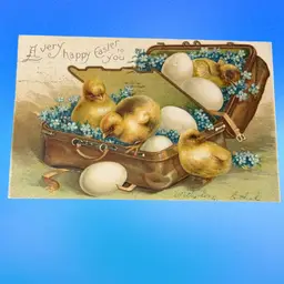 #19 Antique Cute Chicks Eggs Flowers in Suitcase Easter Postcard, Posted 1908