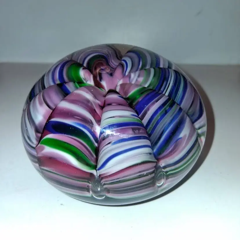 Vintage Joe Rice Art Glass Multi-Color Ribbon Crimp Magnum Paperweight