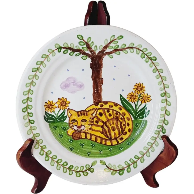 Vintage MM Portugal Hand-Painted Folk Art Kitty Cat Tiger Red Ware Plate