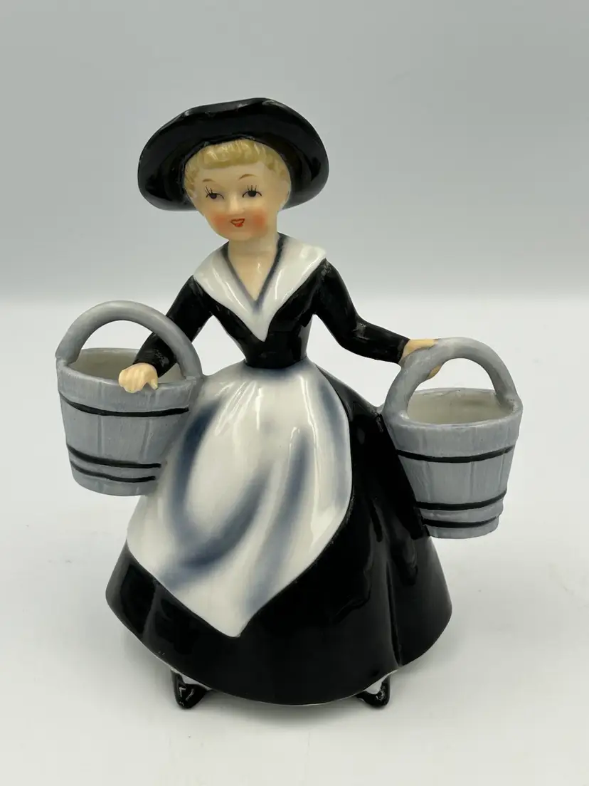 Vintage Lefton Japan, Milkmaid Hand Painted Girl With Two Buckets Figurine
