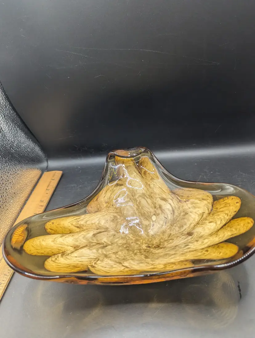 Vintage Murano Style Amber Art Glass MCM Copper Aventurine Triangular Dish Hand Blown