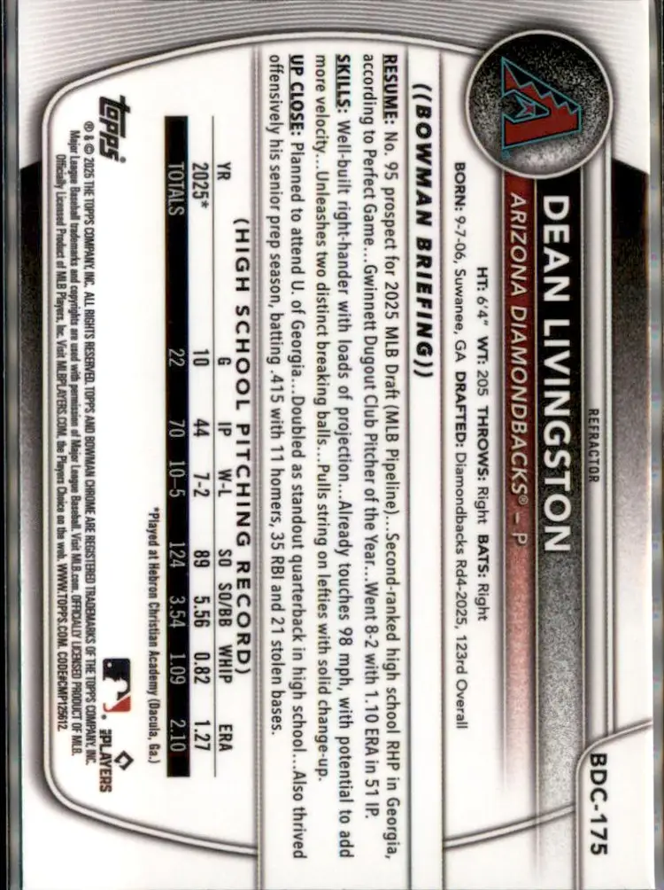 2025 Bowman Draft #BDC-175 Dean Livingston Chrome Refractor - (138) - Arizona Diamondbacks