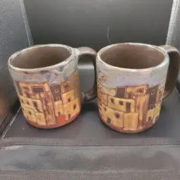 2 Mara of Morelia Mexico Mugs Pueblo/Hacienda Design 16 oz. Hand Painted