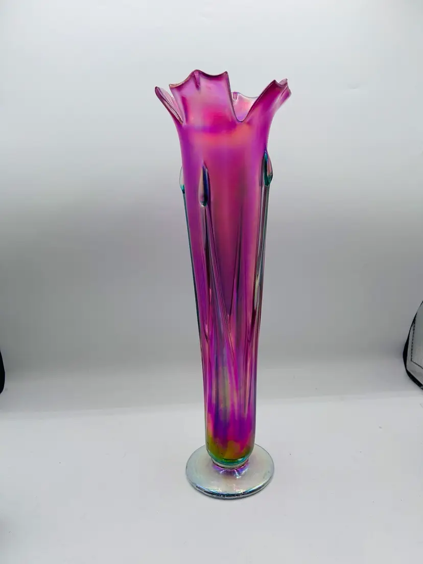 Ron Mynatt 2001 Pink Iridized Flower Iris Vase 14in. Callahan Mt. Studios Signed