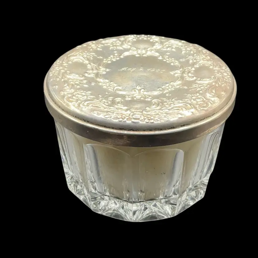 VTG Towle Sterling Powder Vanity Crystal Piece Engraved 1986 Vintage Glass Powder Jar with Ornate Metal Lid