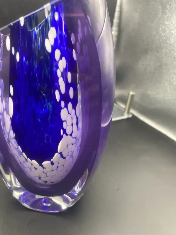 MCM Murano Sommerso Style Art Glass Vase 7.5" Blue Purple w/controlled Bubbles