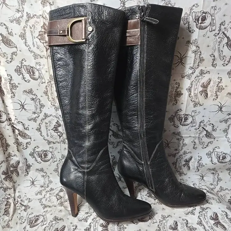 Cole Haan Leather Dark Brown Leather Boot Brass Accents 3" Heel 5.5 B