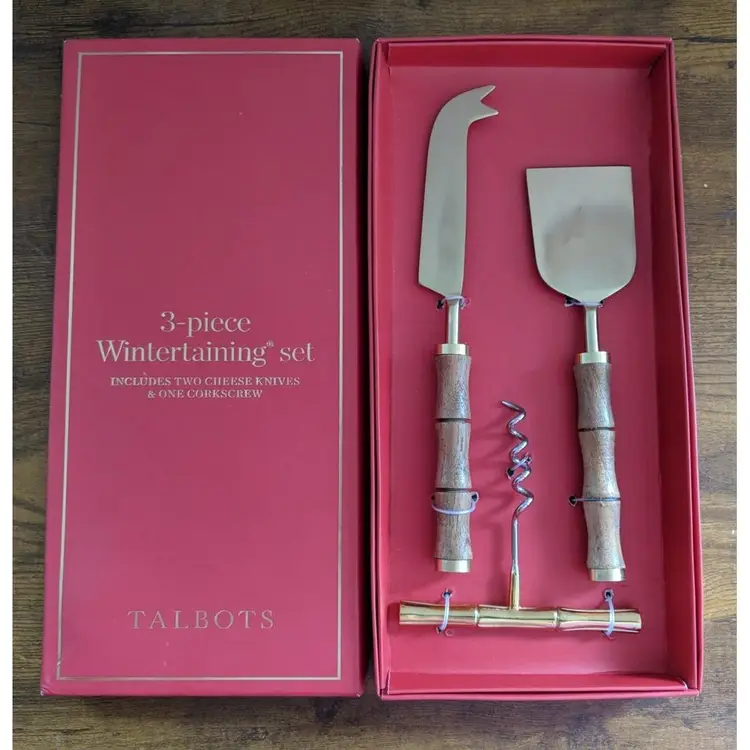 Brass & Wood Wine & Cheese Set 2X Knife 1X Corkscrew Talbot's