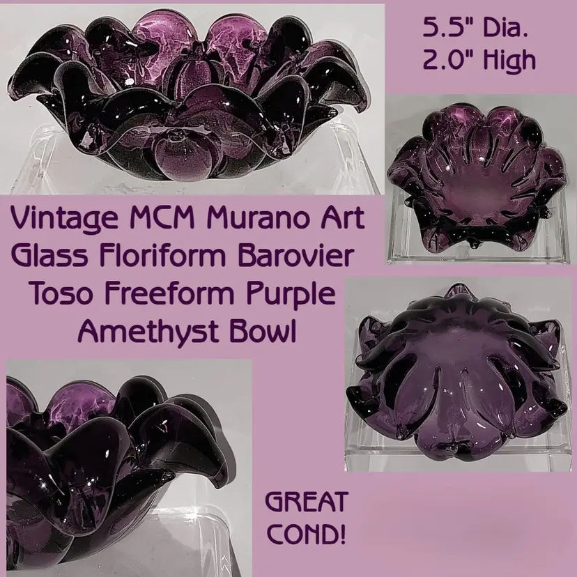 Vintage MCM Murano Art Glass Floriform Barovier Toso Freeform Purple Amethyst Bowl