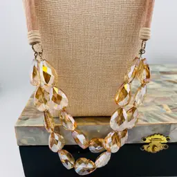 RUSH By Denis And Charles Two Strand Champagne Faceted Bead Leather Suede Cord Statement Necklace 14” Drop