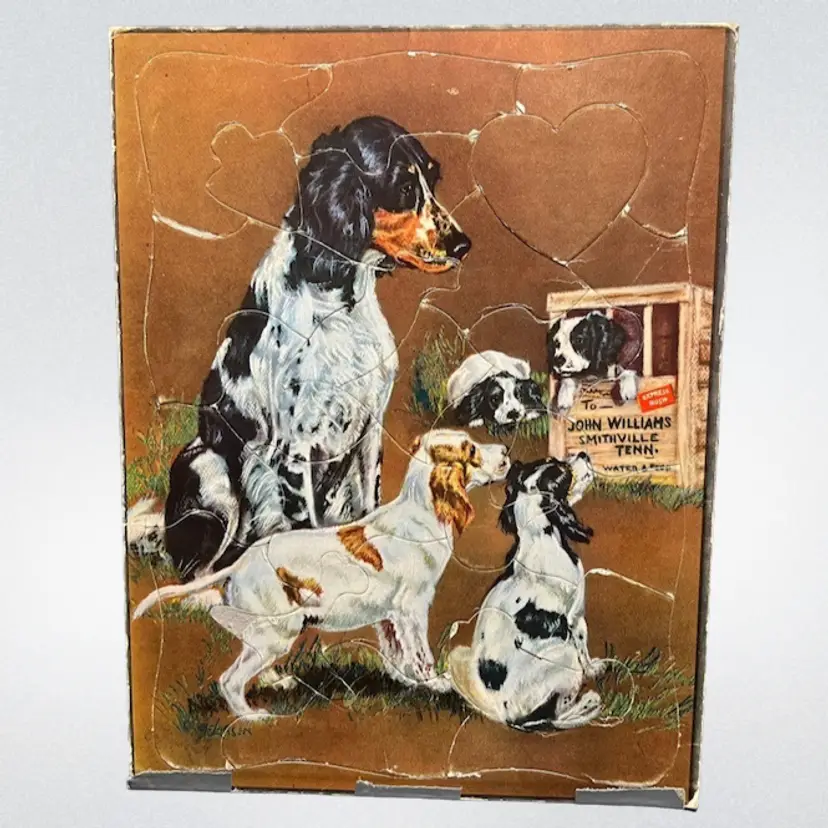 MARKDOWN! Breaking Home Ties, Vintage Ole Larsen Frame Tray Picture Puzzle, Dog, Puppies ~14.75” x 11.25”