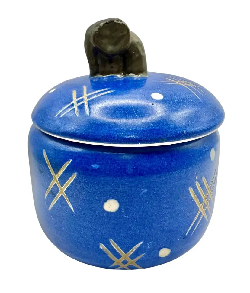 Signed Haunso Keramik Vintage Pottery Covered Bowl Elephant Finial Danish MCM 5”