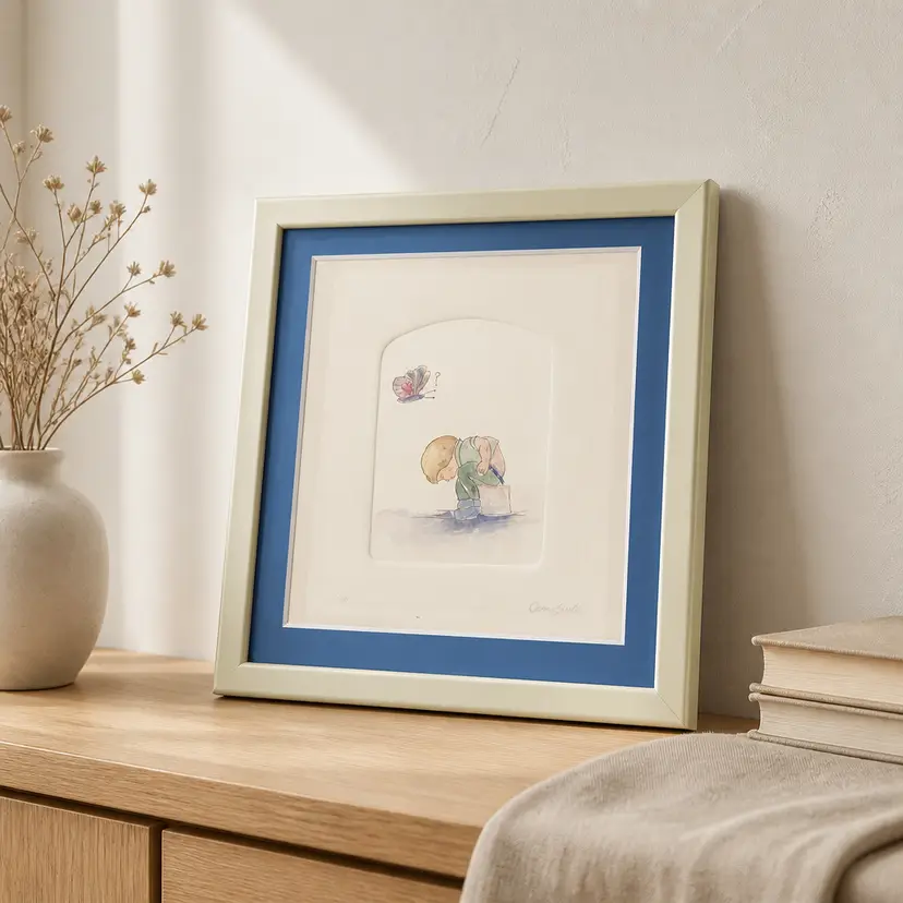 Framed Print of Child Observing a Butterfly, Artist Signed (Dino), Limited Edition 6/100, 8" x 8"