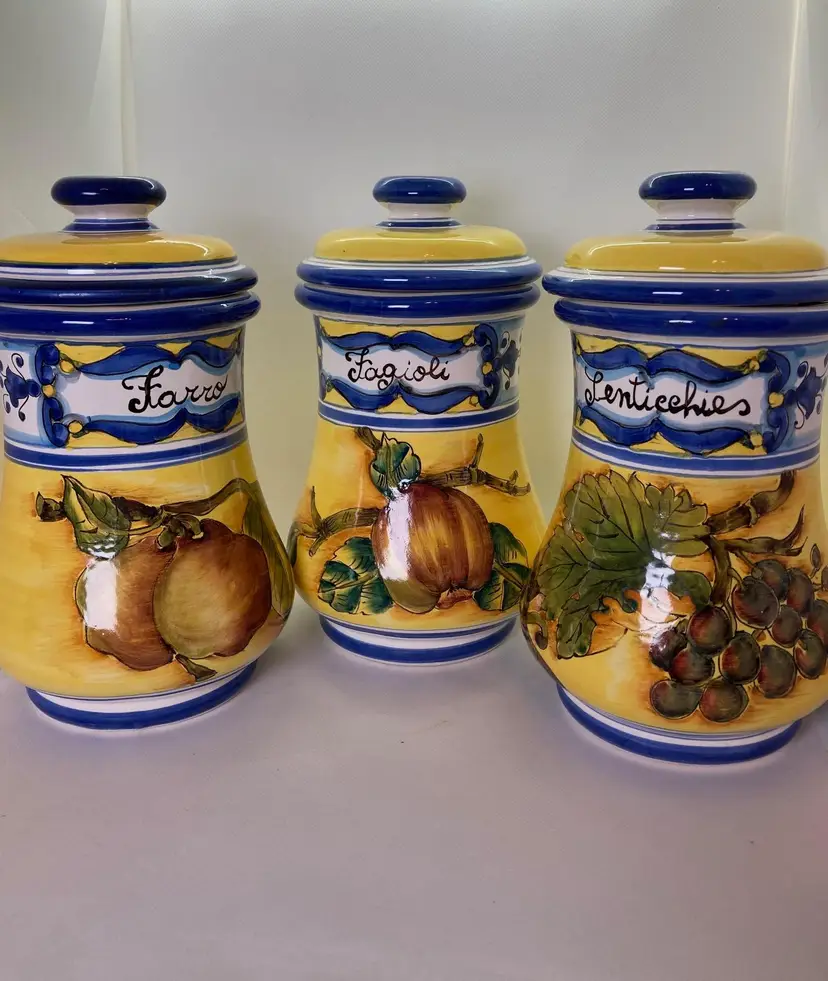 3 Italian, ceramic,
hand painted
canisters with lids