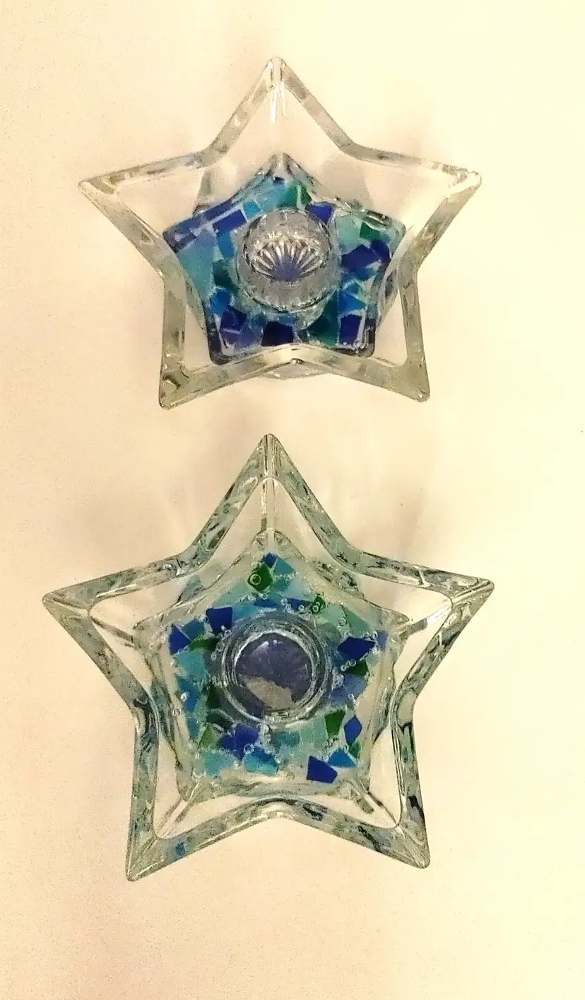Star 5 point Candleholders. 1950's. Glass with colored bottom. 4.5 inches wide. No condition issues.