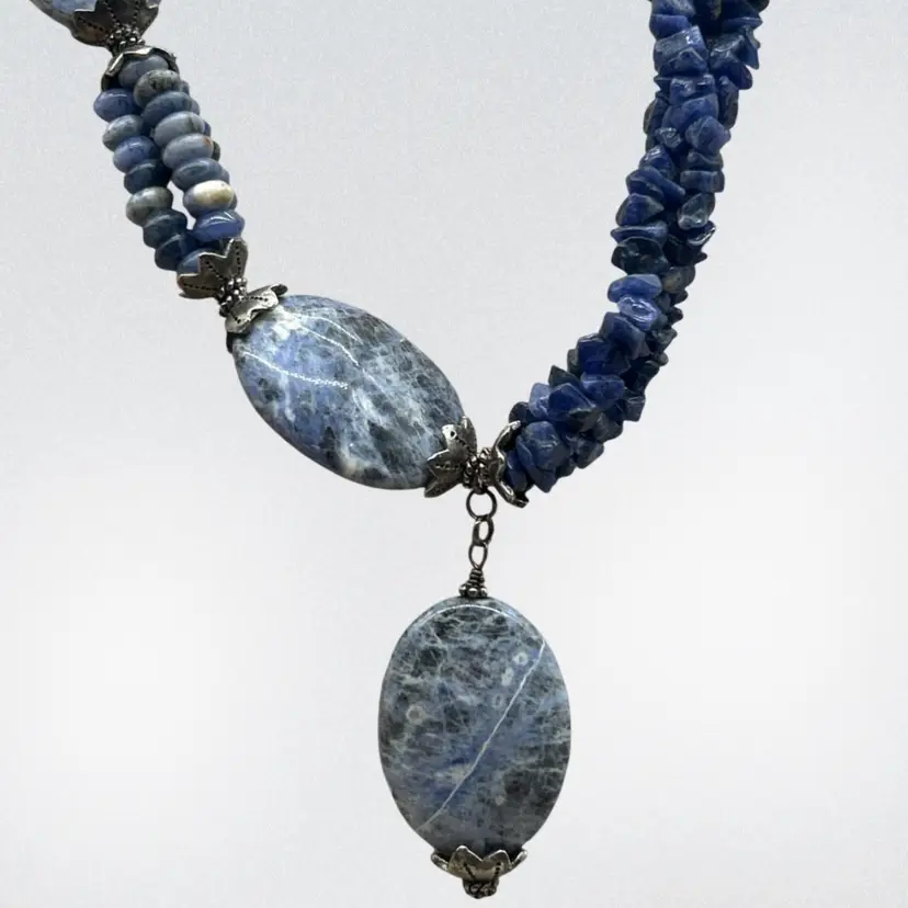 Sterling Silver Sodalite Necklace 18” + 3” Extender Blue Gemstone Statement Artisan Style 925