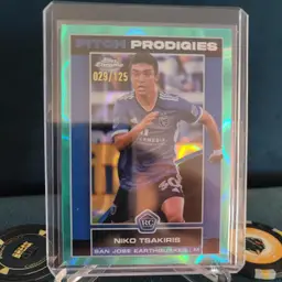 Niko Tsakiris 2023 MLS Topps Chrome Pitch Prodigies RC Aqua Lava 029/125 San Jose Quakes