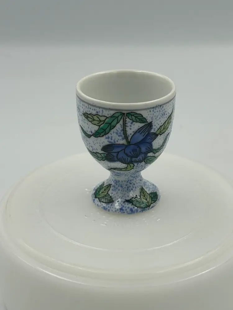 Vintage Porcelain Hand Painted Egg Cup From Hong Kong, Blue Green And White Floral Design