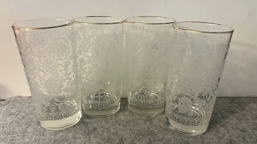 4 Vintage Libbey White Embossed Tumblers w/ Gold Rim  # 2893