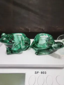Green Glass Frog and Turtle Tealite Candle Holders