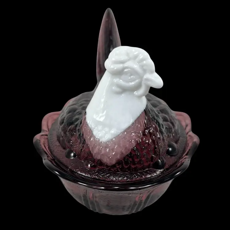 Fenton Amethyst Glass Hen On Nest With Milk Glass Head And Split Tail, Vintage Fenton Glass Hen On Nest Candy Dish
