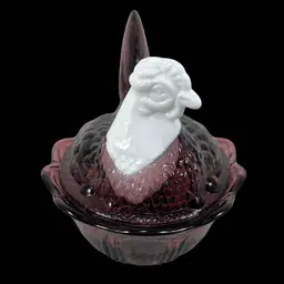 Fenton Amethyst Glass Hen On Nest With Milk Glass Head And Split Tail, Vintage Fenton Glass Hen On Nest Candy Dish