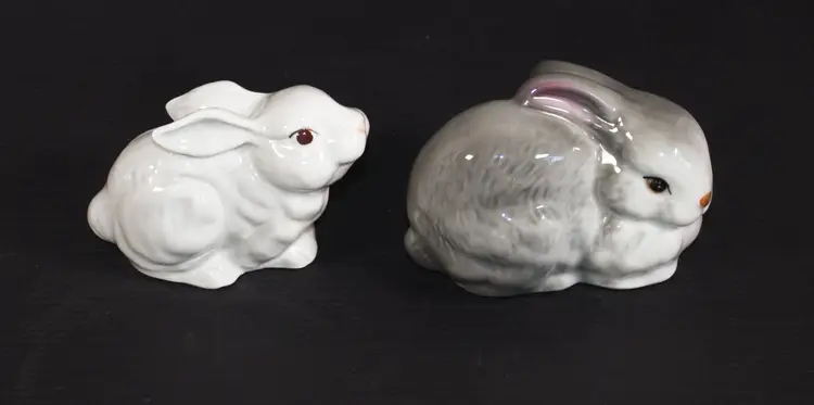 2 Small Porcelain Bunny Figurines Grey White