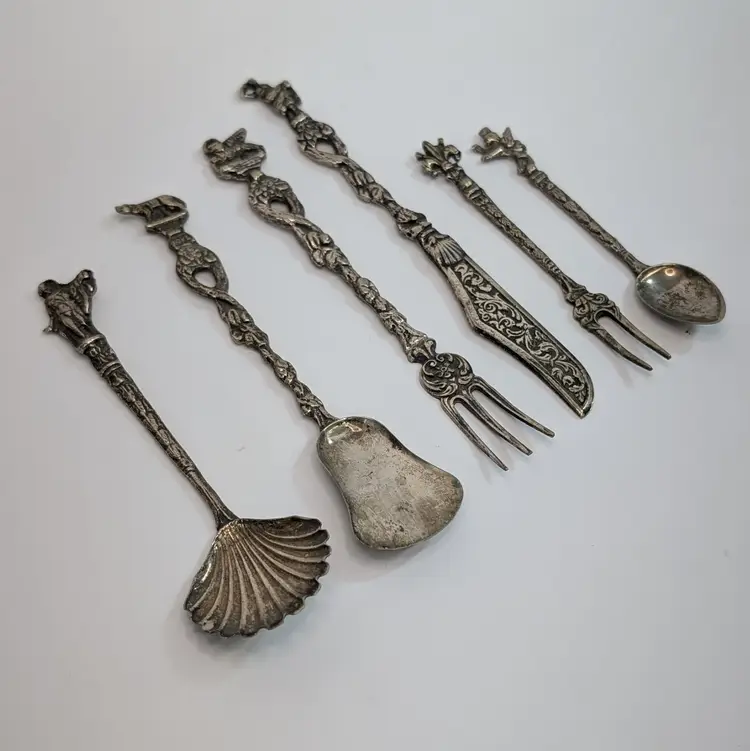 Antique Montagnani Italy Ornate Small Serving Utensils Roman Figures Set of 6