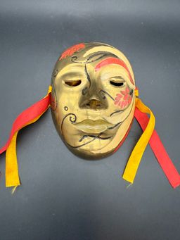 Vintage Brass and Enamel Mask with Ribbons