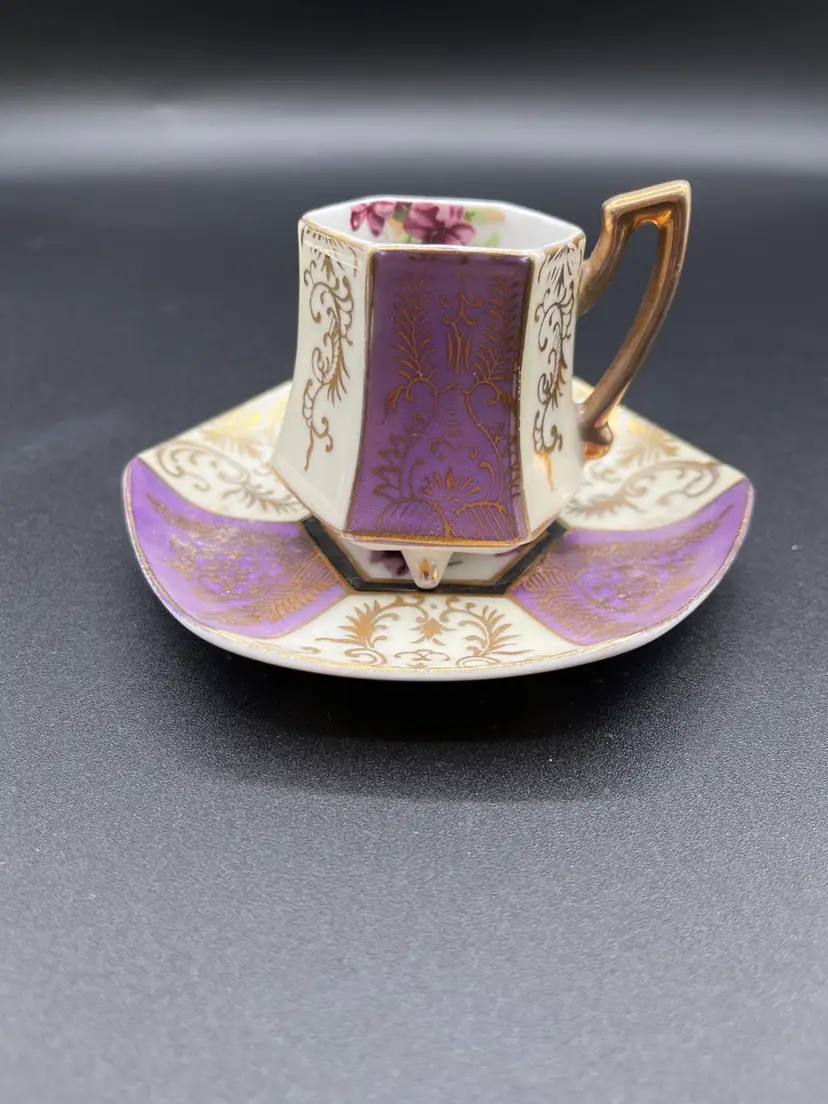Lavender And Gold Gilt Floral Hexagon Demitasse Teacup And Saucer
