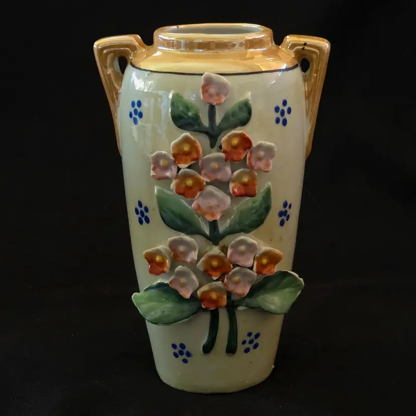 Ceramic Handled Urn Vase Hand Painted Moriage Flowers Japan Made 6" Tall Vintage