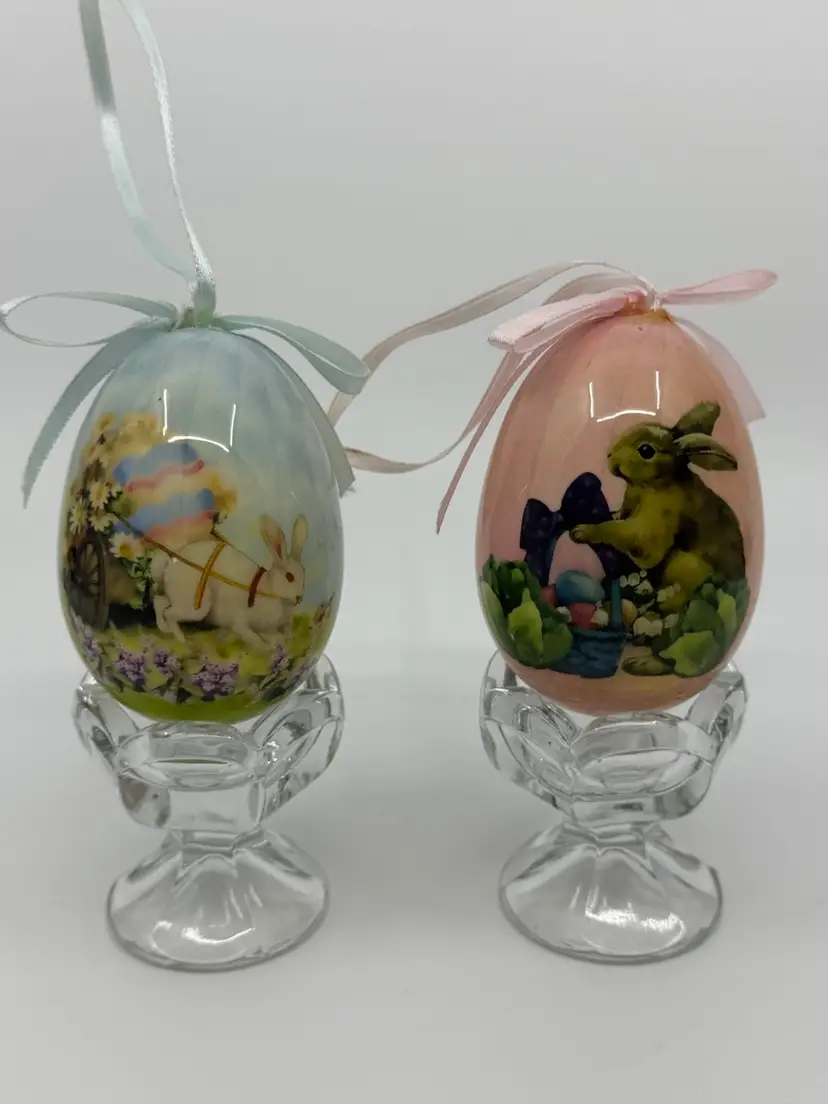 2 Vintage Style Paper Mache Easter Egg Ornaments Victorian Rabbit Grahics