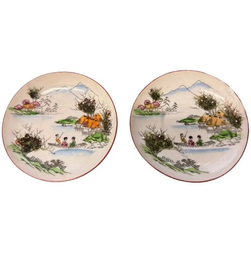 VTG Nippon Satsuma Geisha Eggshell Porcelain Plate Saucers Hand Painted Japan 4.25" Asian Landscape