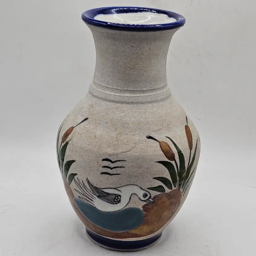 Tonala Mexico Vase Folk Art with enamel Bird pond 6" Estate Find