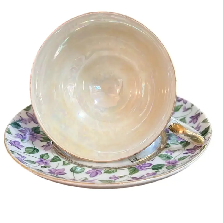 Vintage Lefton Japanese White Iridescent & Purple Violet Flower Design Teacup & Saucer