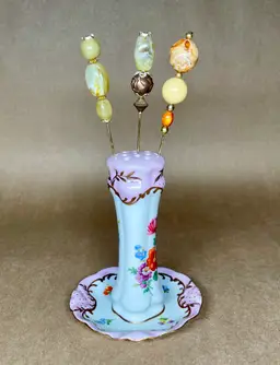 ROYAL VIENNA Porcelain Hand Painted Hatpin Holder Floral Design and 3 Hat Pins
