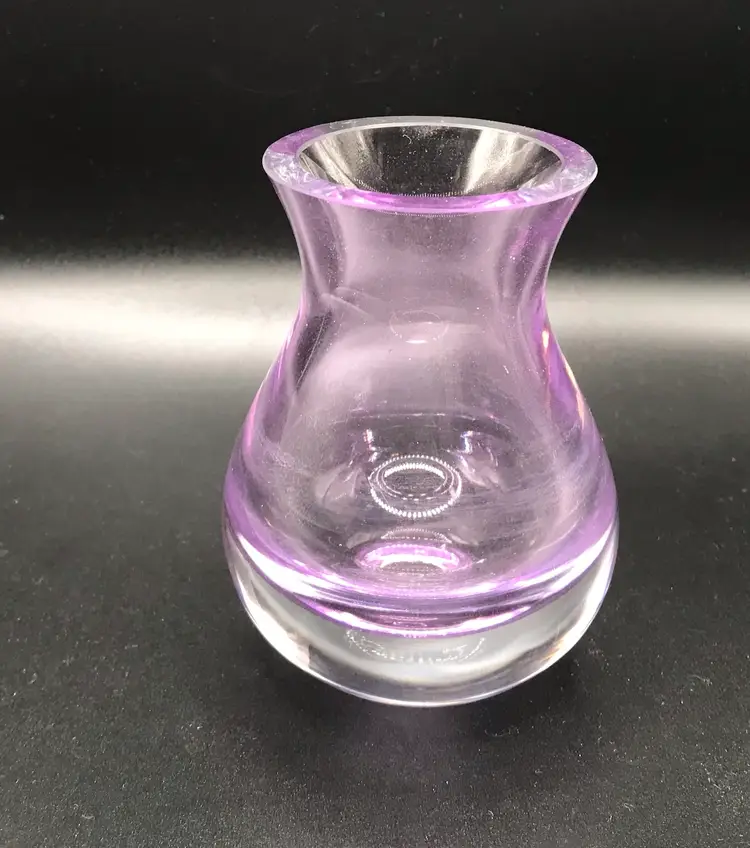 Hand Blown Art Glass Bud Vase Amethyst Purple Thick Clear Base Studio Glass 4”