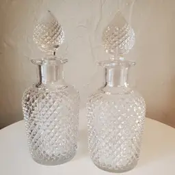 Set of 2 Diamond Point Glass Perfume Decanters with Teardrop Stoppers