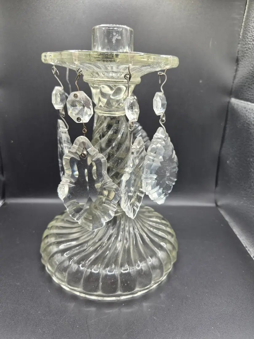 VTG Fostoria Glass Candle Holder 6 Hanging Crystal Prisms Elegant Swirl Design
