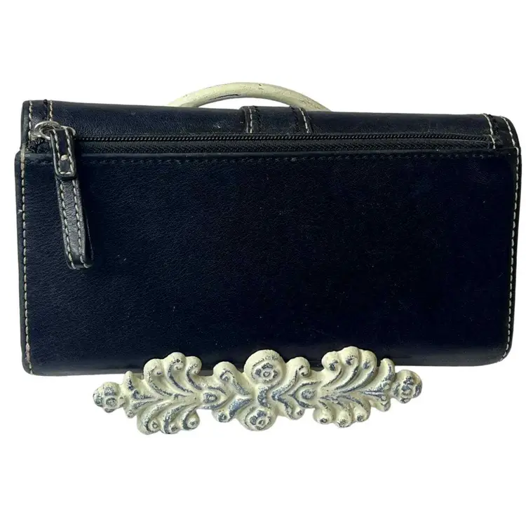 VTG COACH Black All Leather Long BUCKLE WALLET Credit Card Tri Fold + Zip Coin